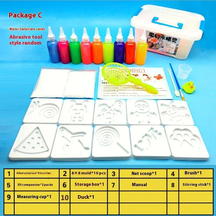 Colorful kids magic water drawing kit with molds, colored solutions, tools, and storage box