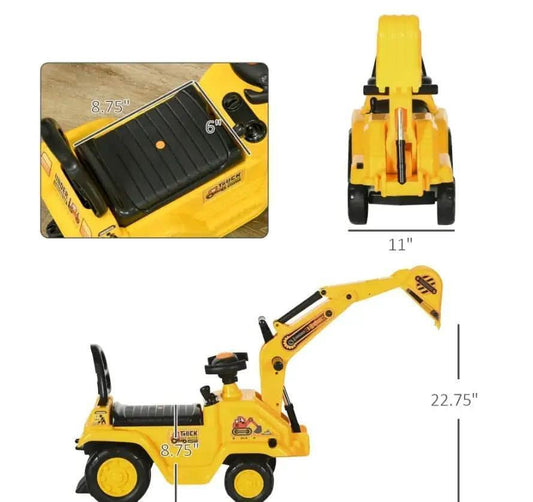 3-in-1 Ride-On Excavator, Digger Scooter & Pulling Cart for Kids - Kidohop