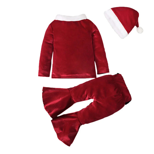 Red velvet kids Christmas outfit with white trim and matching Santa hat