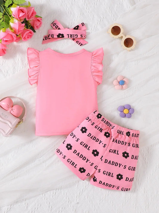 Baby Girls Ruffle Sleeve Top, Shorts & Headband 3-Piece Outfit Set – Letter Print Summer Clothes - Kidohop