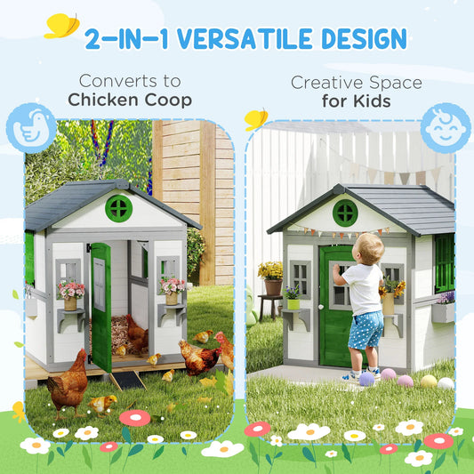 Wooden Kids Playhouse with Planter Boxes – Convertible Outdoor DIY House / Chicken Coop - Kidohop