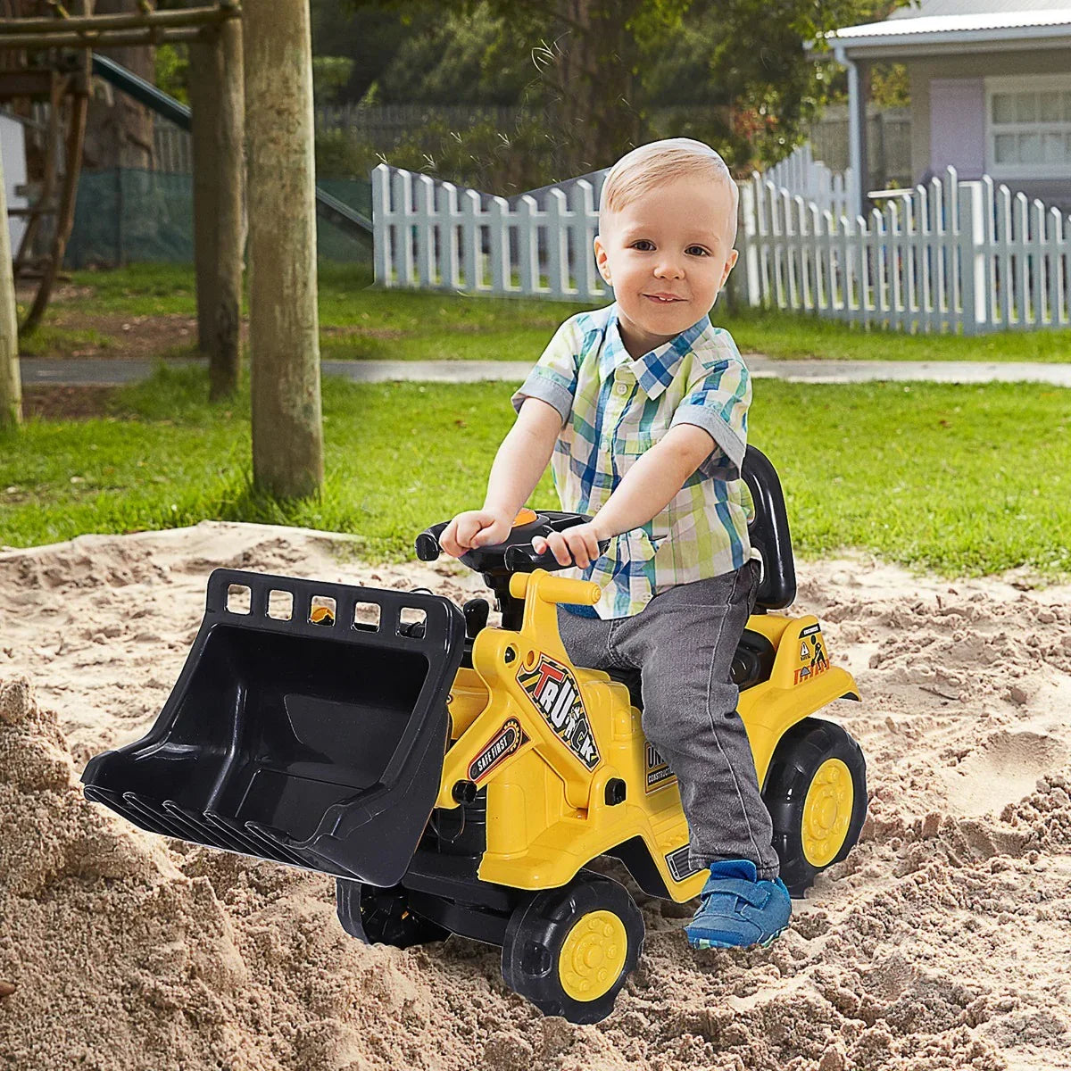 Kids Ride-On Excavator Toy – Yellow Pull Cart Bulldozer with Bucket - Kidohop