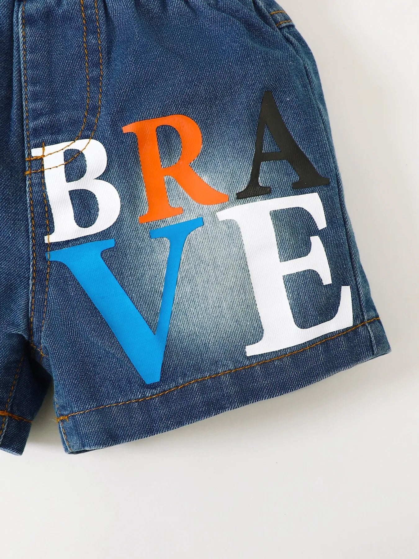 Children's Letter Round Neck Top and Denim Shorts Set - Kidohop