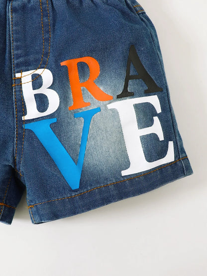 Children's Letter Round Neck Top and Denim Shorts Set - Kidohop