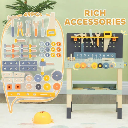 Qaba Kids Wooden Tool Bench | 49-Piece Pretend Play Workbench | Construction Tool Set for Toddlers Ages 3-6 | Light Blue - Kidohop