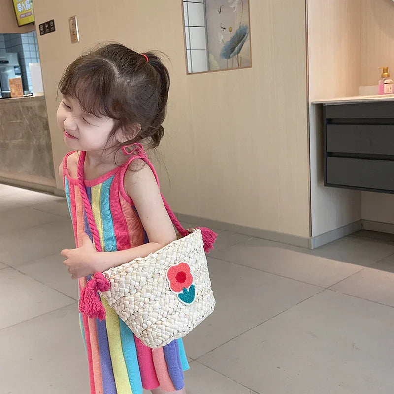 Children's Straw Handmade Knitted Messenger Bag - Kidohop
