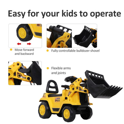 Kids Ride-On Excavator Toy – Yellow Pull Cart Bulldozer with Bucket - Kidohop