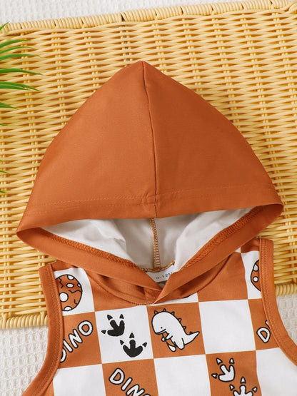 Children's Dinosaur Checkered Sleeveless Hooded Top and Shorts Set - Kidohop