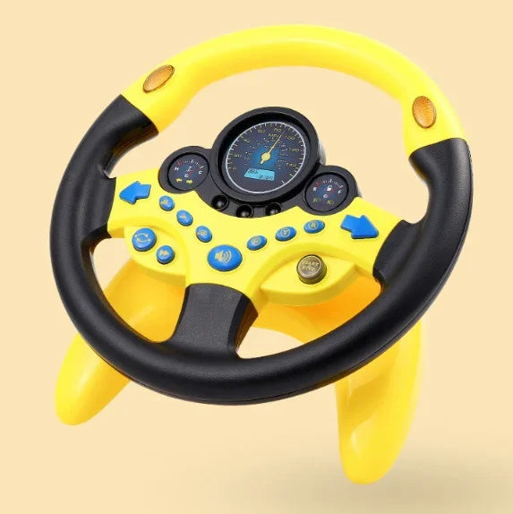 Yellow and black toy steering wheel with blue buttons and dashboard for kids