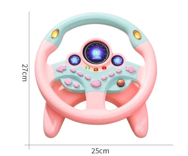 Pink and blue toy steering wheel for kids with lights, buttons, and 27x25cm dimensions