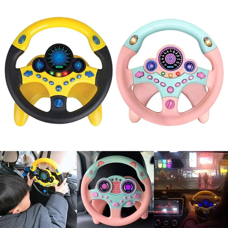 Kids toy steering wheels in yellow and pink, shown in car play settings