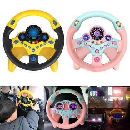 Kids toy steering wheels in yellow and pink, shown in car play settings