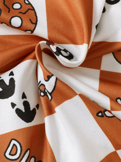 Children's Dinosaur Checkered Sleeveless Hooded Top and Shorts Set - Kidohop