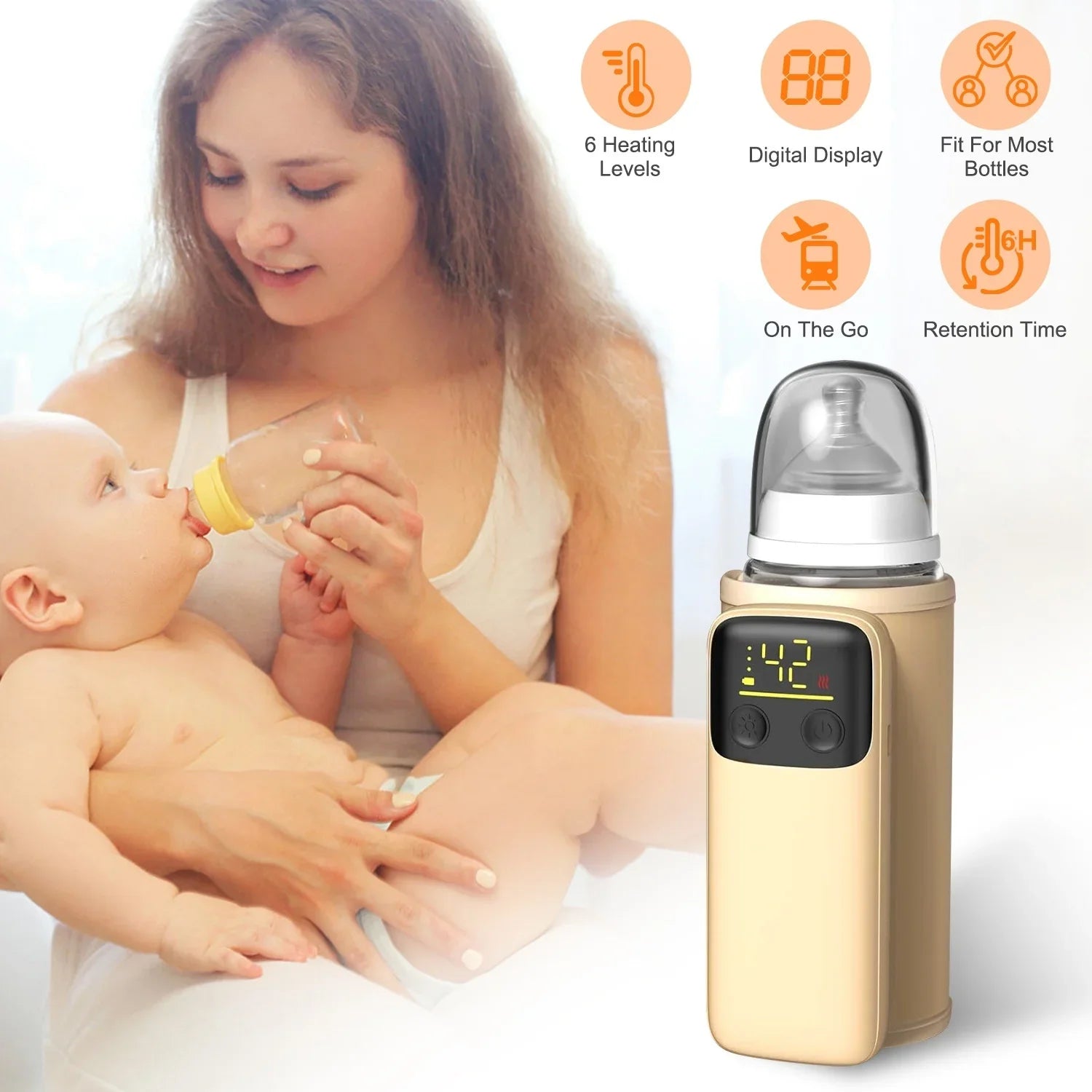 Portable Baby Bottle Warmer with Night Light – 6 Heating Levels, USB Rechargeable, 360° Rapid Heating for Home & Travel - Kidohop