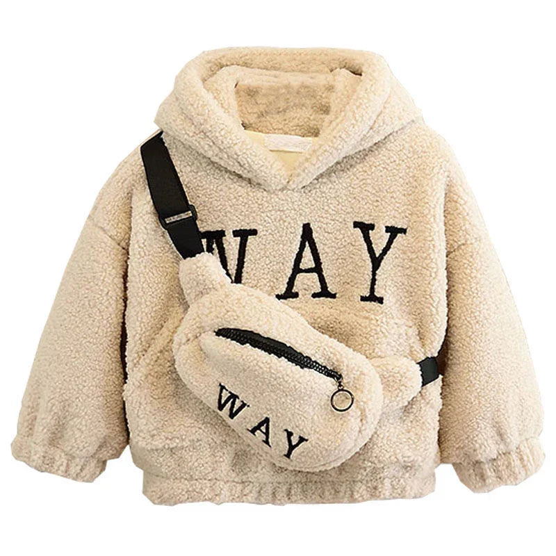 Beige sherpa hoodie with WAY text and matching fuzzy crossbody bag