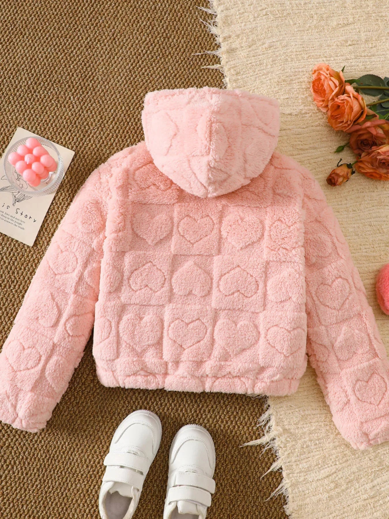 Children's Heart Pattern Fuzzy Hooded Outerwear - Kidohop