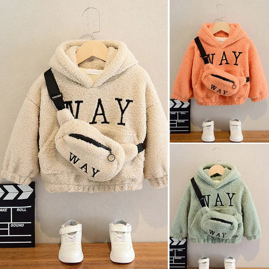 Kids sherpa hoodie set with crossbody bag and sneakers in beige, orange, and green colors