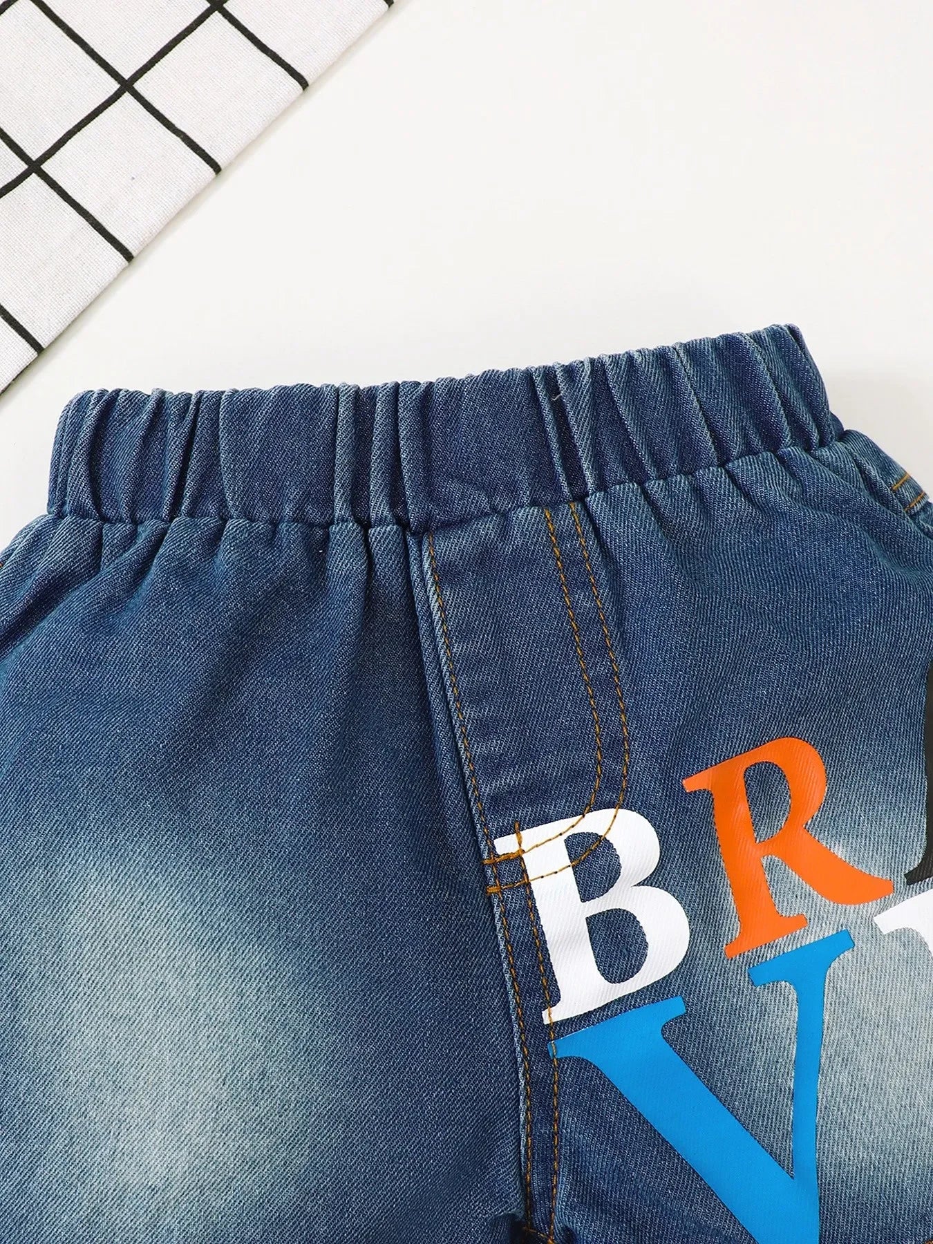 Children's Letter Round Neck Top and Denim Shorts Set - Kidohop