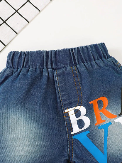 Children's Letter Round Neck Top and Denim Shorts Set - Kidohop