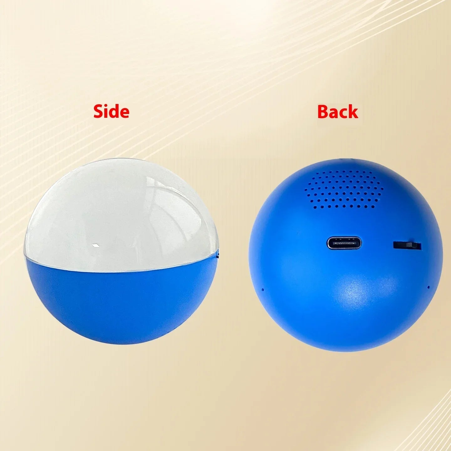 Blue and white spherical electronic device, shown from side and back with USB port and speaker