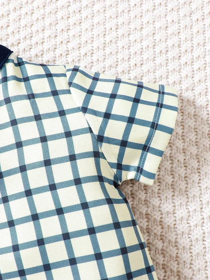 Baby Boys Dinosaur Plaid 3-Piece Outfit Set – Hat, Button-Up Shirt & Shorts - Kidohop