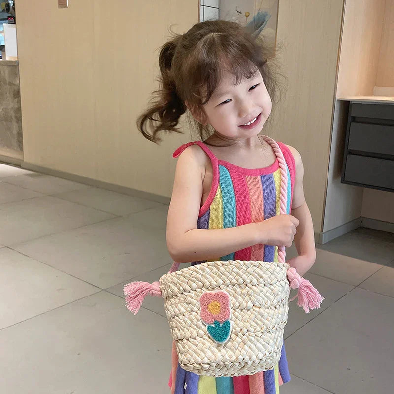 Children's Straw Handmade Knitted Messenger Bag - Kidohop