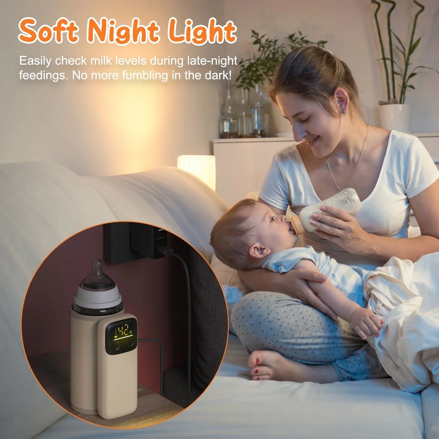 Portable Baby Bottle Warmer with Night Light – 6 Heating Levels, USB Rechargeable, 360° Rapid Heating for Home & Travel - Kidohop