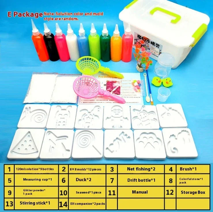Kids DIY magic water elf kit with molds, colorful solution bottles, tools, and storage box