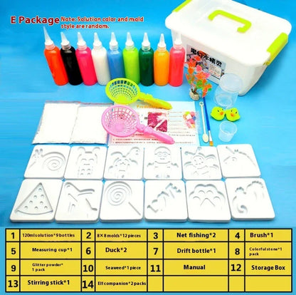 Kids DIY magic water elf kit with molds, colorful solution bottles, tools, and storage box