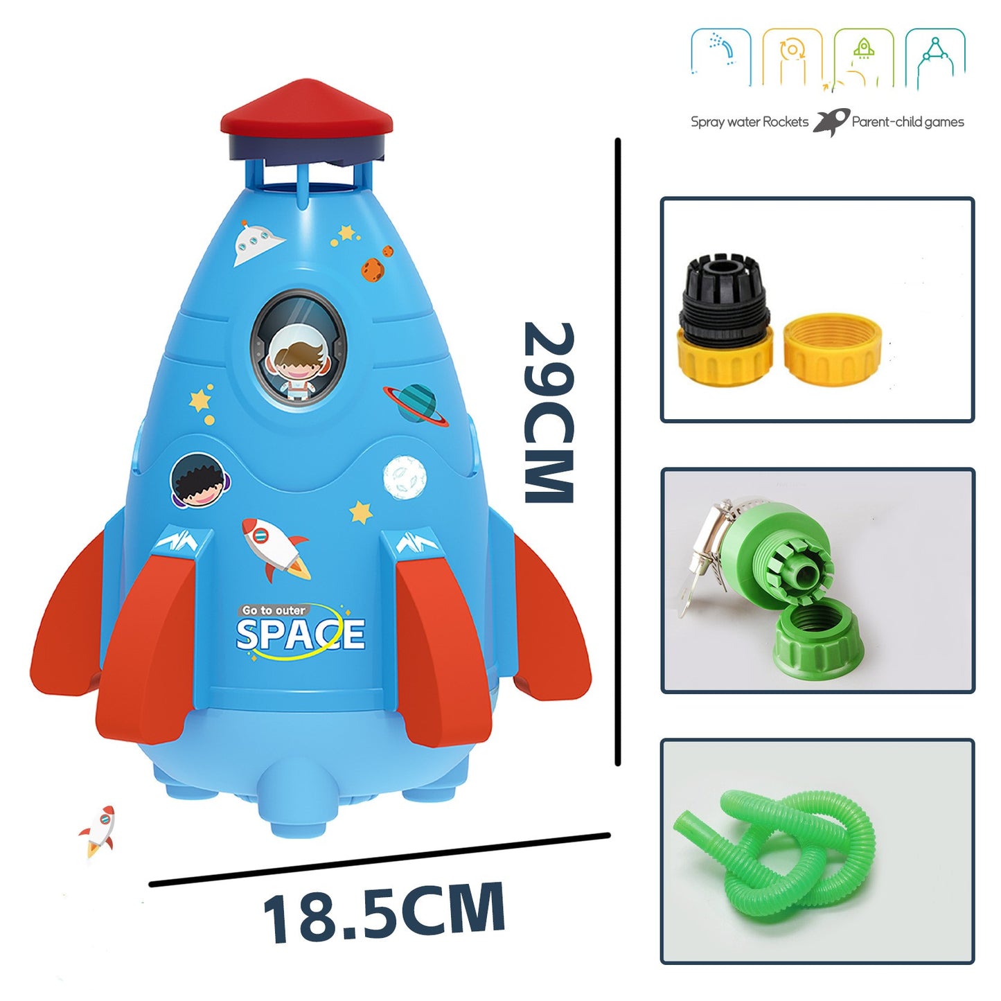 Flying Space Rocket Sprinkler for Kids – 360° Rotating Outdoor Water Toy, Garden Hose Attachment & DIY Stickers