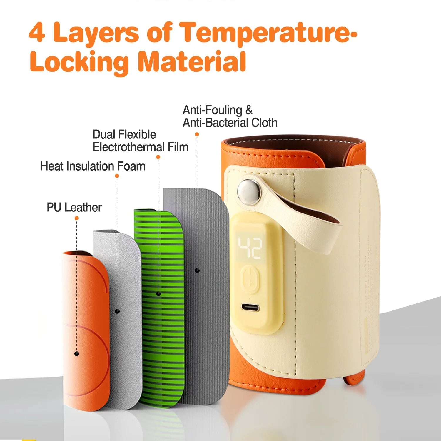 Portable Milk Warmer with 5 Temperature Levels – 24H Constant Warming, Type-C Fast Charging, PU Leather Travel Bottle Warmer (Orange) - Kidohop