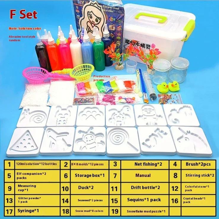 DIY crystal mud kit F set with molds, colored solutions, storage box, tools, and decorations.