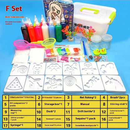 DIY crystal mud kit F set with molds, colored solutions, storage box, tools, and decorations.