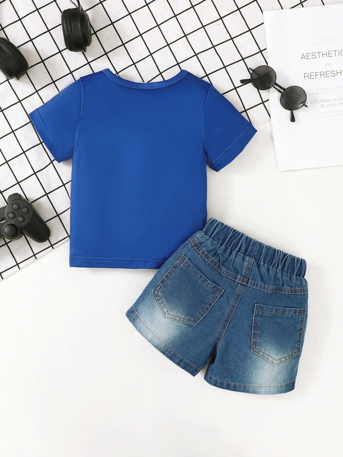 Children's Letter Round Neck Top and Denim Shorts Set - Kidohop