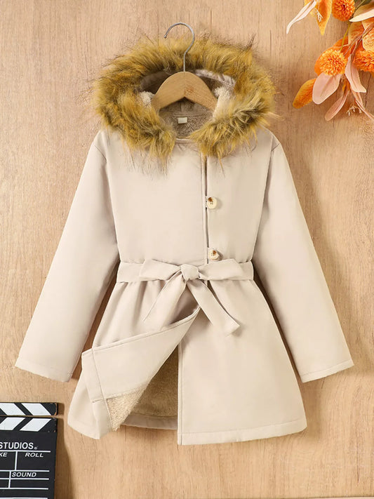 Children's Tie Waist Faux Fur Hooded Outerwear - Kidohop