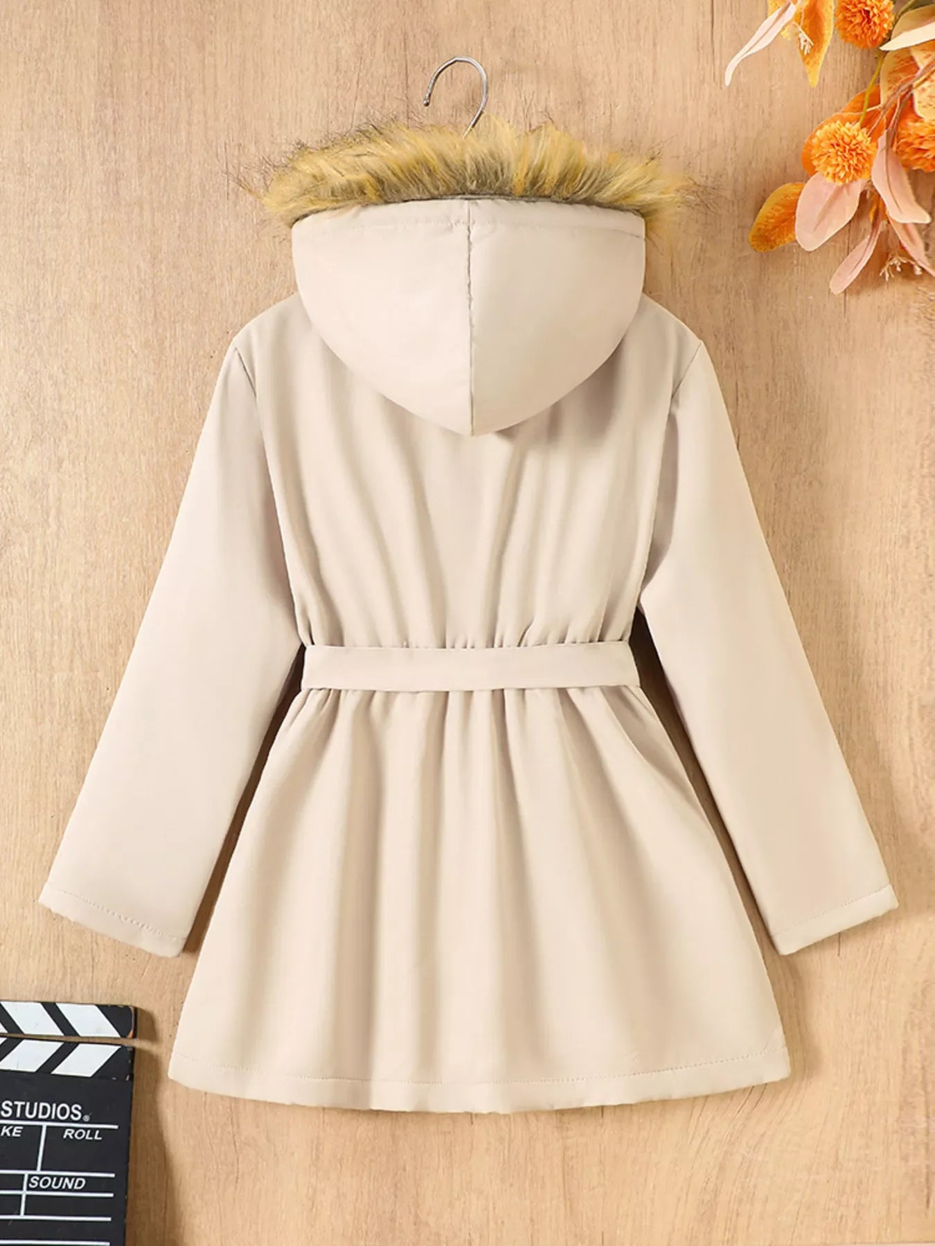 Children's Tie Waist Faux Fur Hooded Outerwear - Kidohop