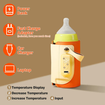 Portable Milk Warmer with 5 Temperature Levels – 24H Constant Warming, Type-C Fast Charging, PU Leather Travel Bottle Warmer (Orange) - Kidohop