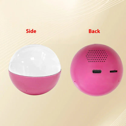 Pink spherical gadget with clear dome, shown side and back with speaker and USB port
