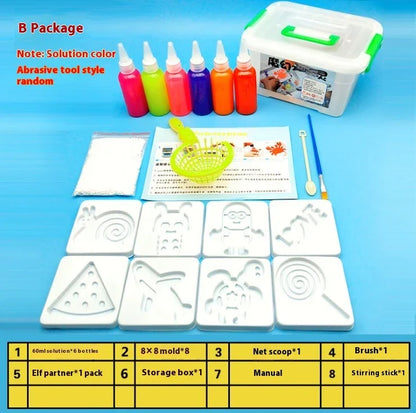 Children’s DIY magic gel kit with colorful solutions, molds, tools, and storage box on blue background.