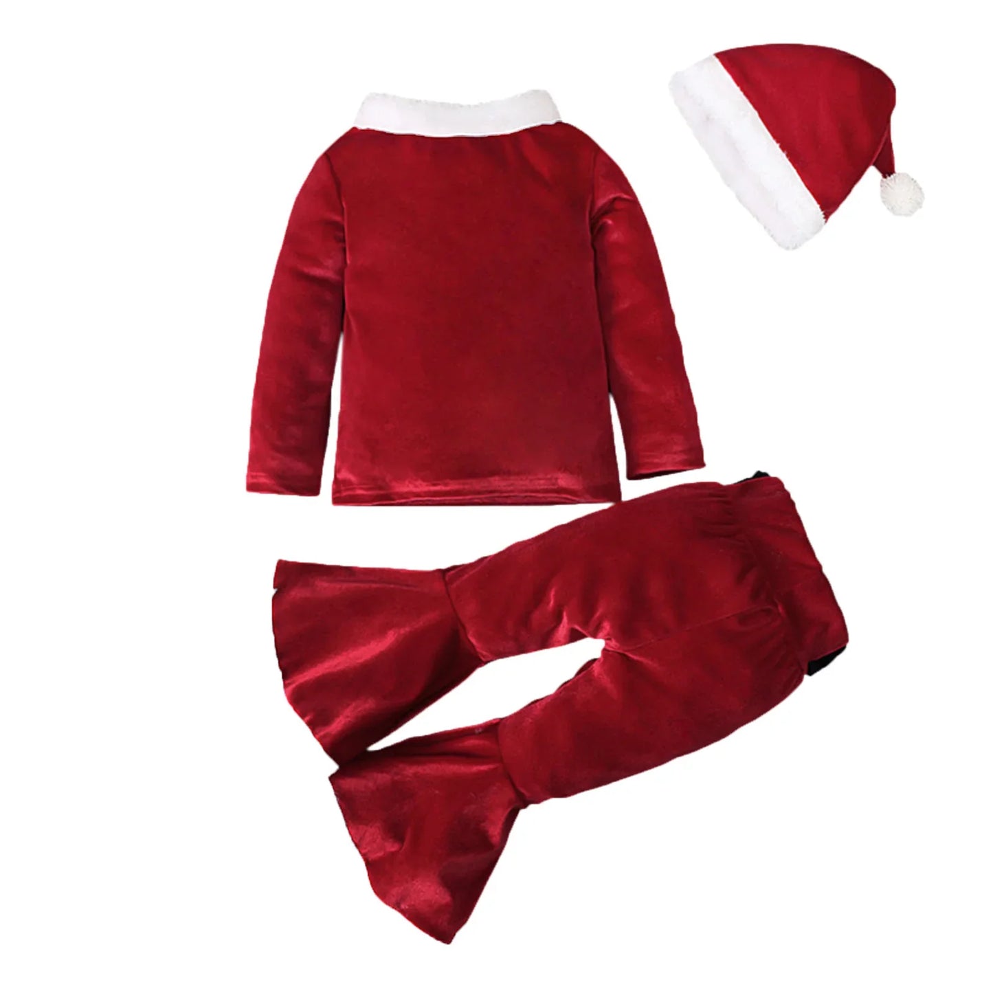 Red velvet kids Christmas outfit with white trim and matching Santa hat