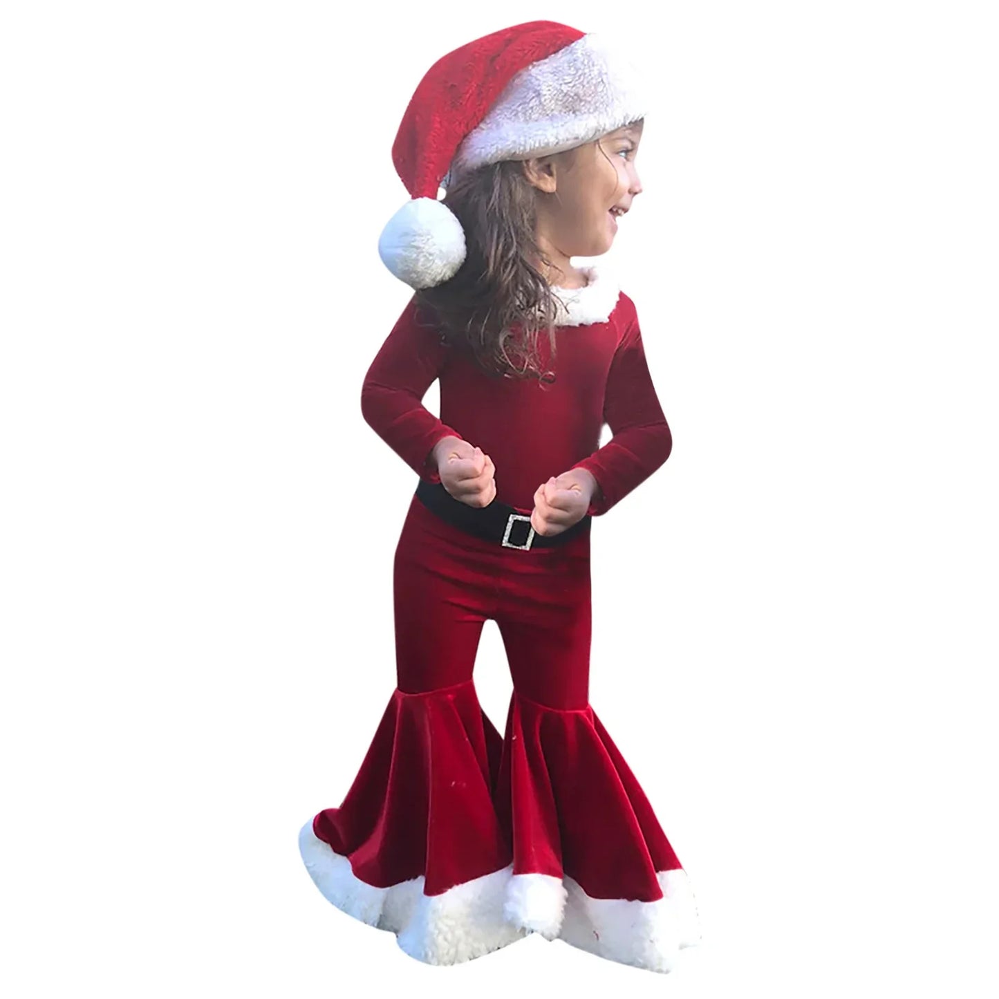 Child in red velvet Santa outfit and hat with white fur trim, flared pants, Christmas costume