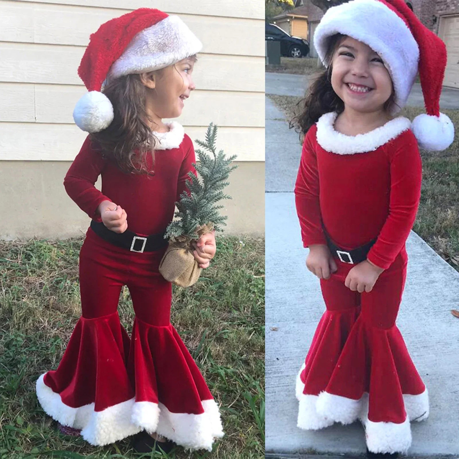 Smiling girl in red Santa outfit, flared pants, Santa hat, holding mini Christmas tree outdoors