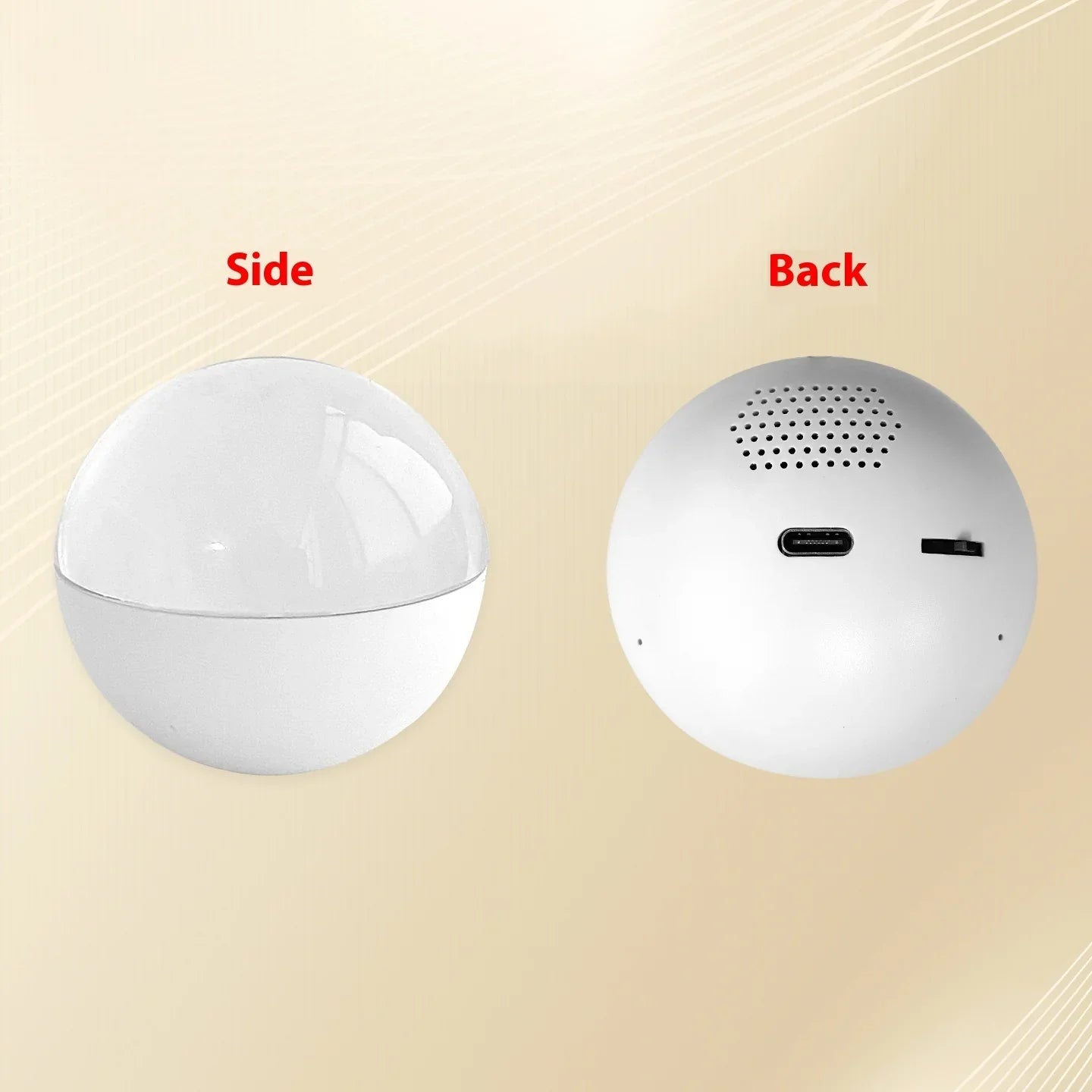 White spherical electronic device side and back view with USB port and speaker grille