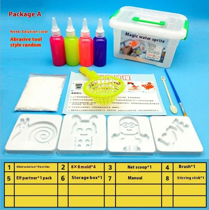 Magic water sprite kit with molds, colored solution bottles, net scoop, and storage box