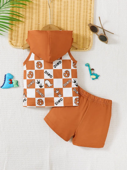 Children's Dinosaur Checkered Sleeveless Hooded Top and Shorts Set - Kidohop