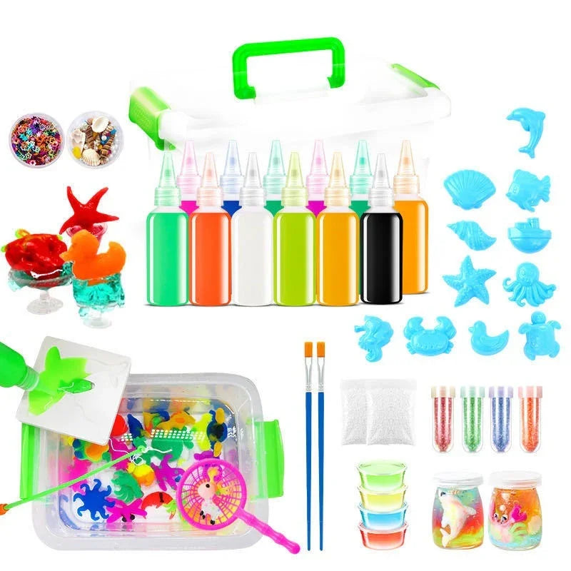 Colorful DIY slime kit with storage box, paint bottles, molds, brushes, glitter, beads, and slime accessories