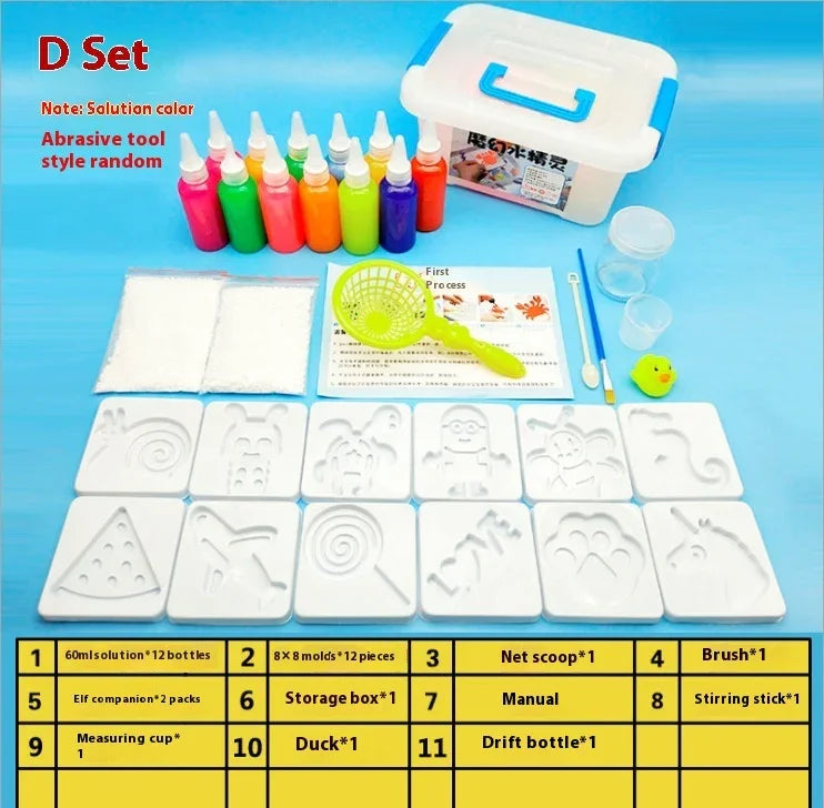 Colorful DIY water art kit with bottles, molds, storage box, tools, and toy duck on blue background