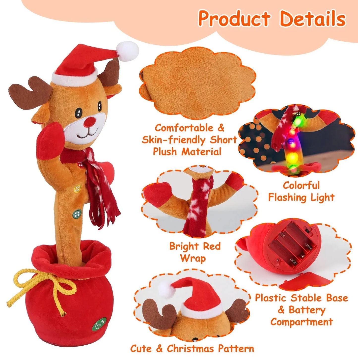 Penguin or Elk Kids Electric Dancing Toy – Singing, Recording & Repeating Christmas Plush with Lights and Music - Kidohop