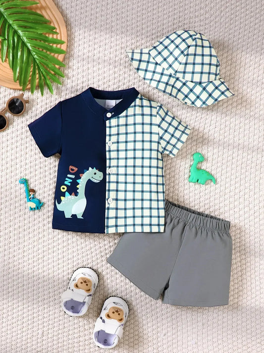 Baby Boys Dinosaur Plaid 3-Piece Outfit Set – Hat, Button-Up Shirt & Shorts - Kidohop