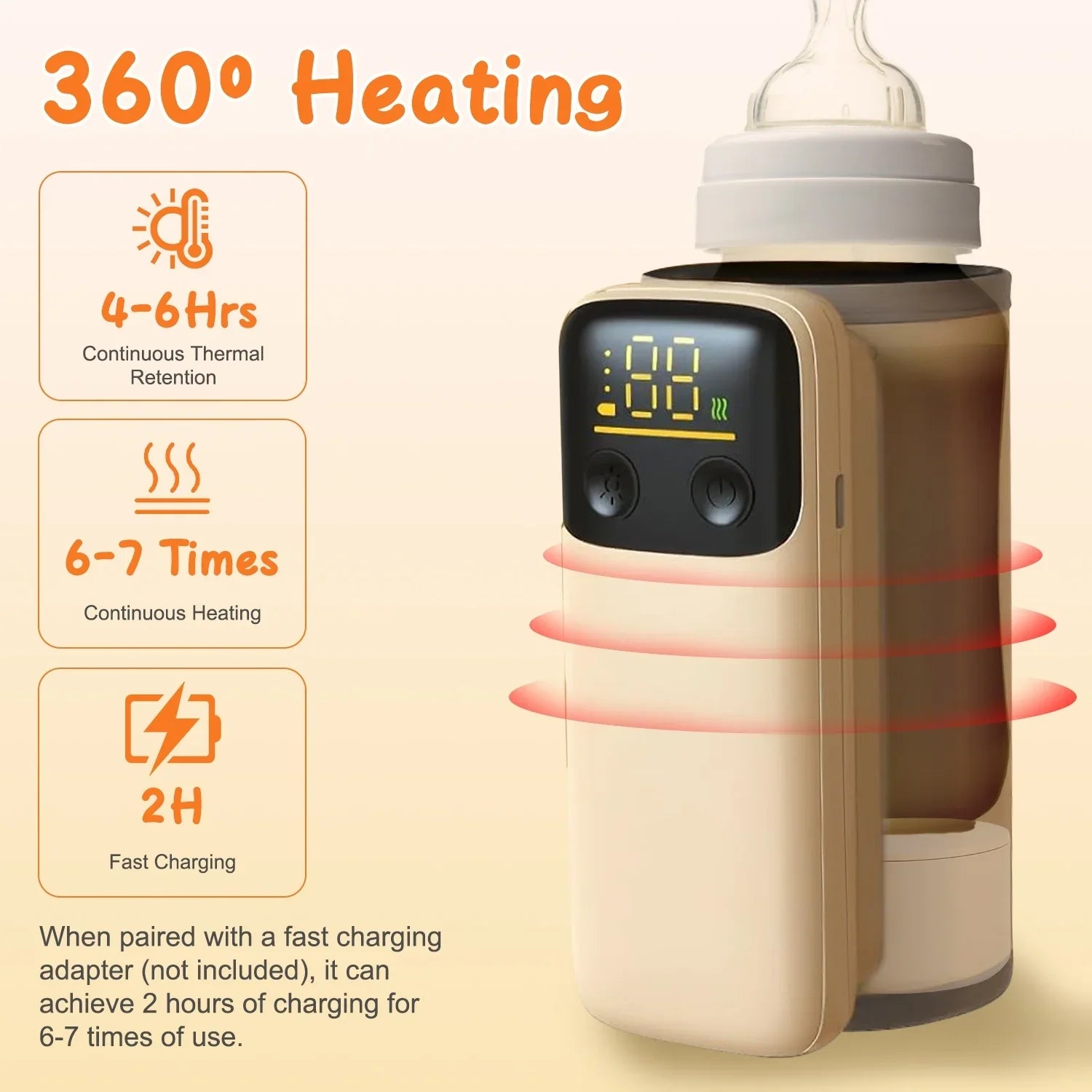 Portable Baby Bottle Warmer with Night Light – 6 Heating Levels, USB Rechargeable, 360° Rapid Heating for Home & Travel - Kidohop
